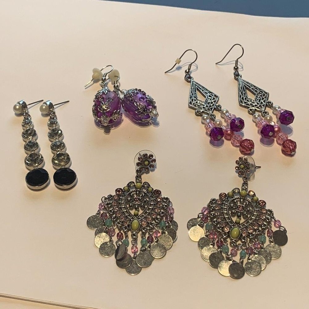 Lot Of 4 Costume Earrings Pierced Dangle Bead, Rhinestone, Pink, Purple, Etc